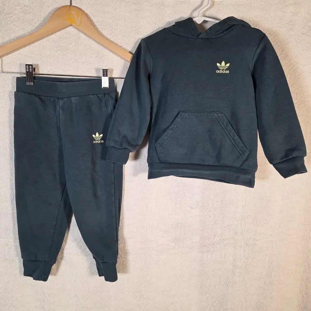 Adidas Toddler Tracksuit Set 3T Green Hoodie Sweatpants‎ Trefoil Logo Outfit